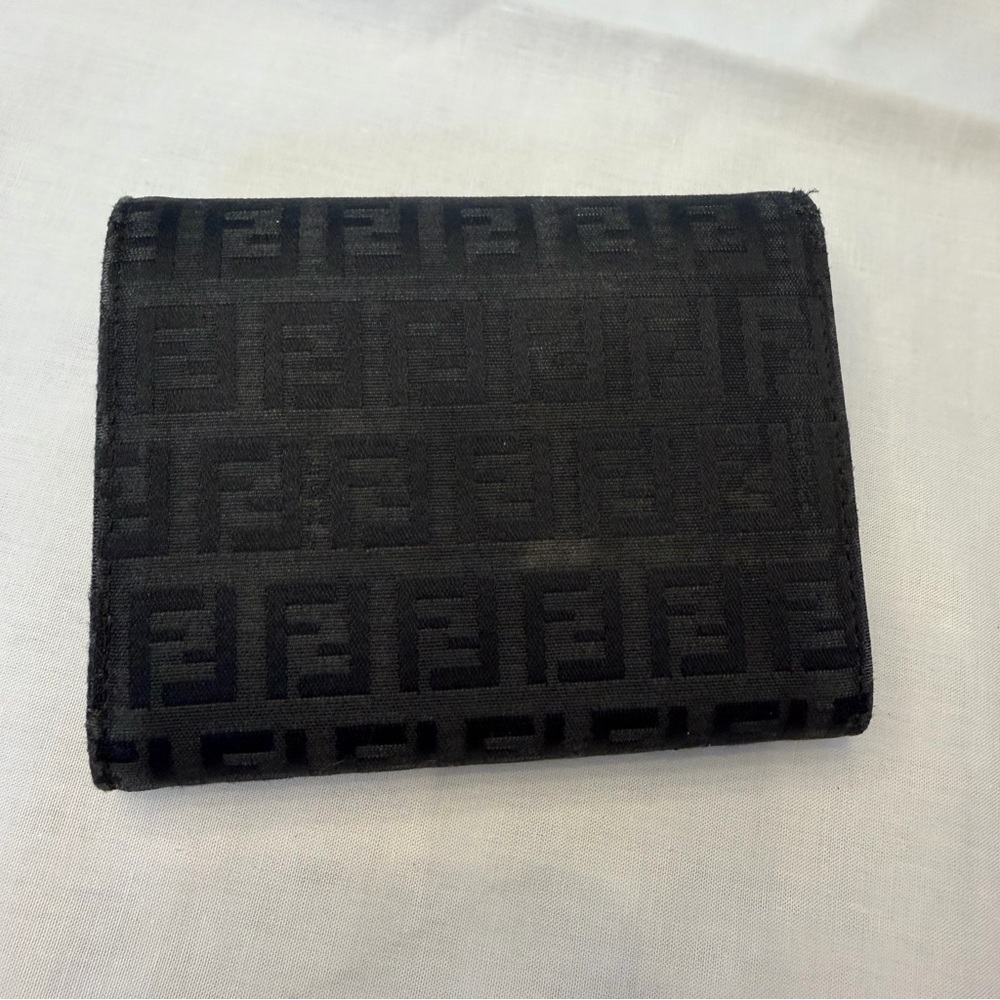 Fendi Zucca FF Logo Trifold Wallet Black Canvas Leather Metal Buckle - Picture 4 of 9
